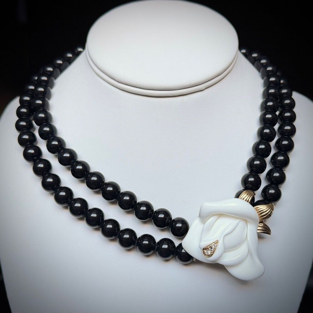 Vintage Kenneth J Lane Avon Midnight Rose Beaded Necklace Black White +Bracelets